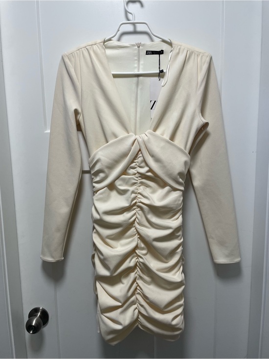 Zara Dresses & Skirts - Zara White Ruched Twist-Front Long-Sleeve Mini Dress